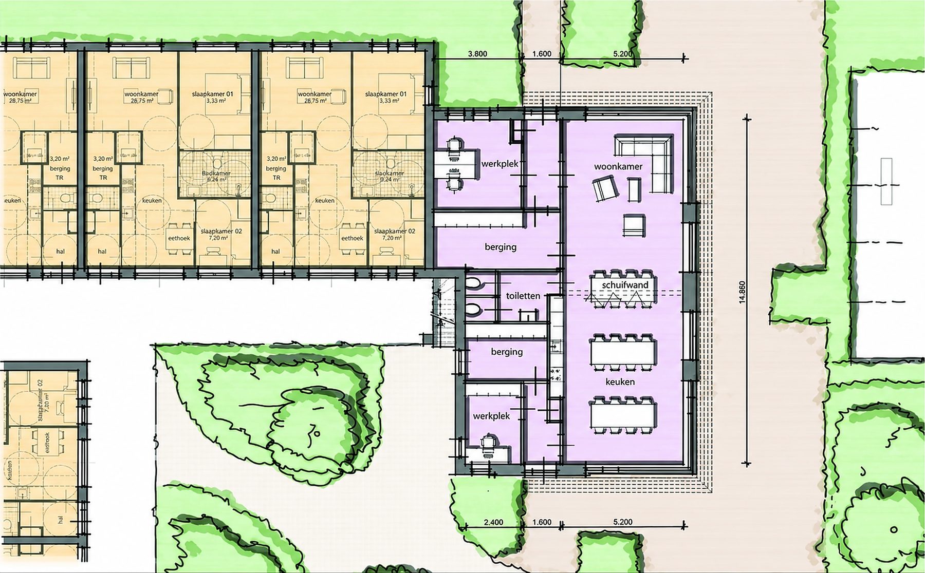 Plattegrond van de ontmoetingsruimte, met woonkamer, keuken met lange tafels, werkplekken, bergingen, toiletten en de tuin eromheen