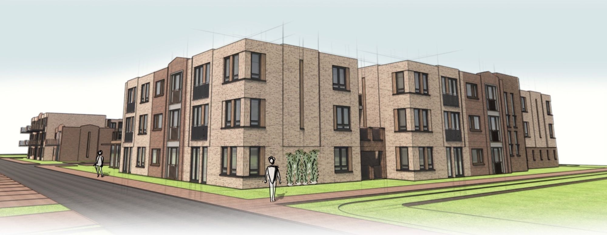 Impressie van Naoberhof Het Loo: appartementengebouwen van drie verdiepingen aan de straat, gezien vanaf de hoek