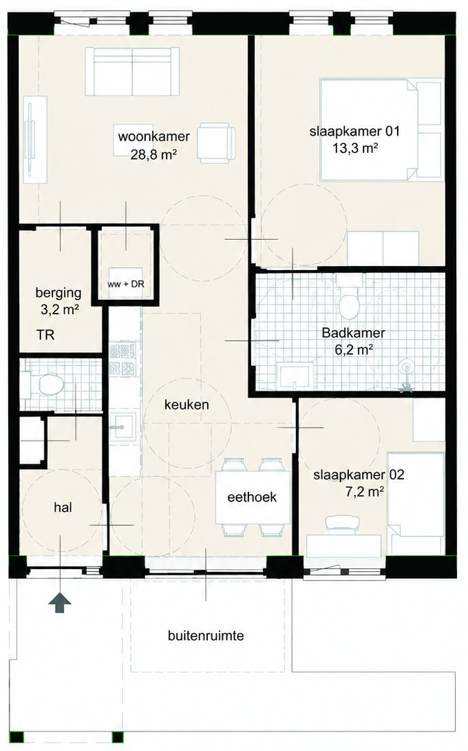 Plattegrond van het appartement: woonkamer van 28,8&nbsp;m², keuken met eethoek, twee slaapkamers, badkamer, aparte wc, berging en buitenruimte