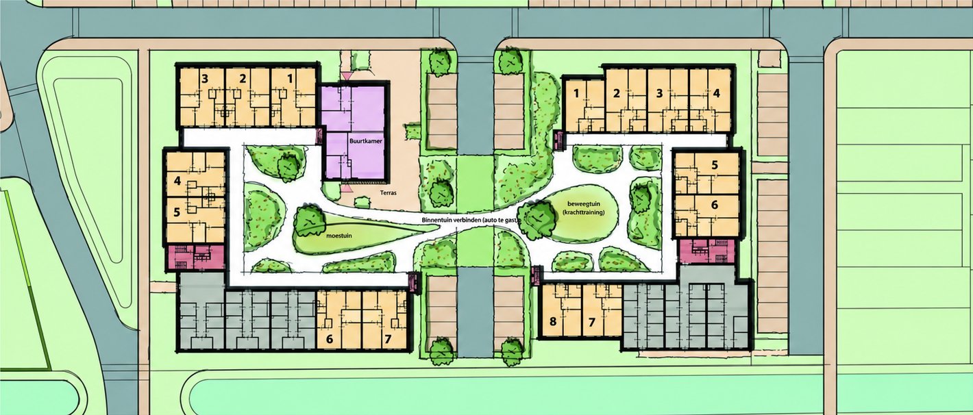 Tekening van bovenaf: twee hofjes met appartementen rond een binnentuin, met de ontmoetingsruimte aan de straat